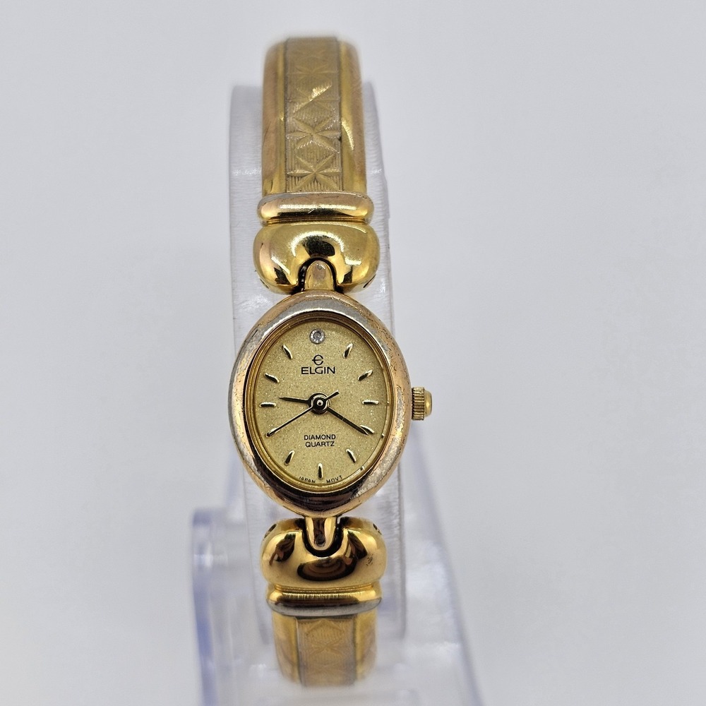 Elgin Diamond Women's Watch 16MM Gold Dial Gold Bracelet Band 6" New Battery‎